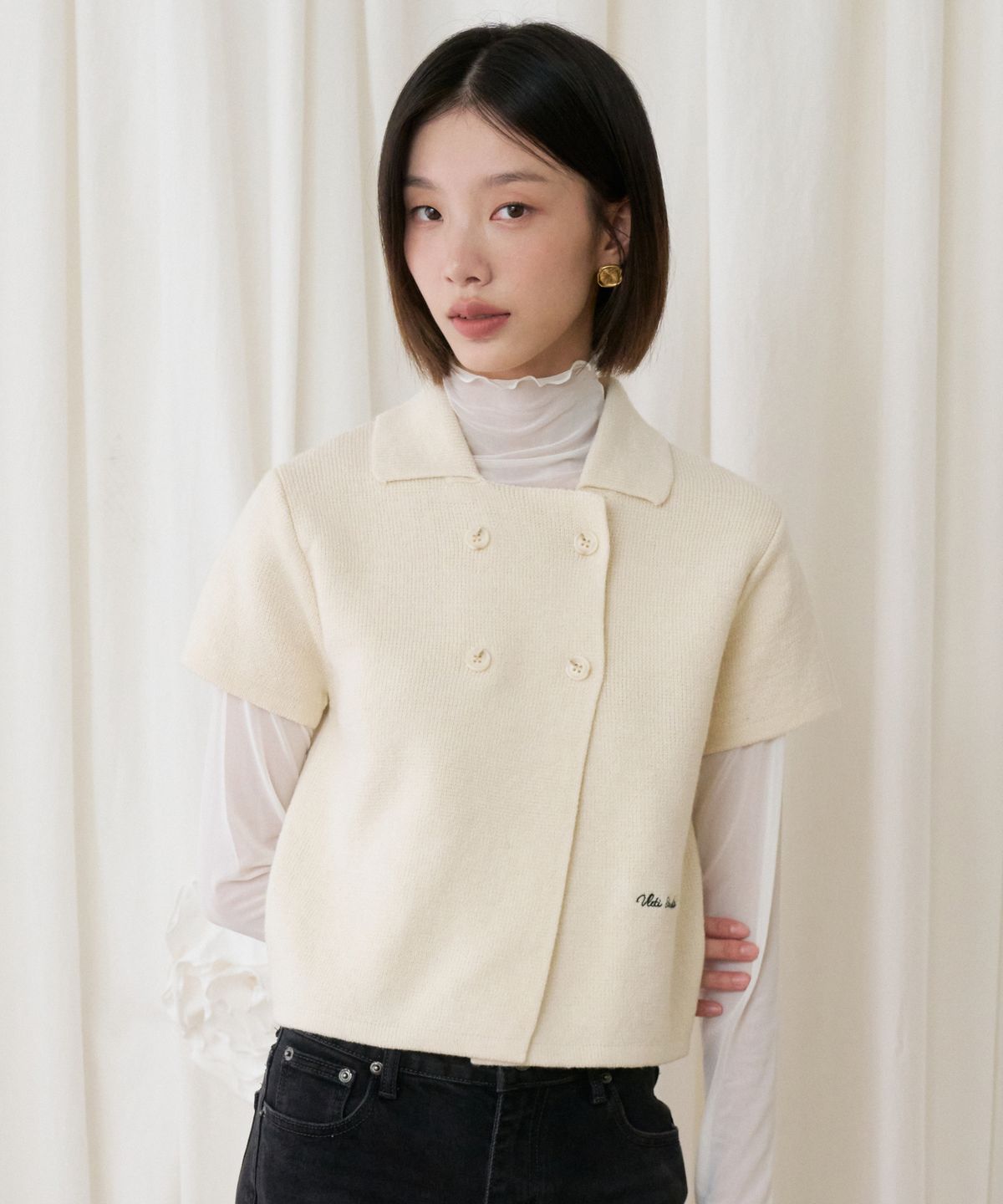 블레티(VLETI) Wool Embroidered Cropped Knit Jacket Cardigan (cream)