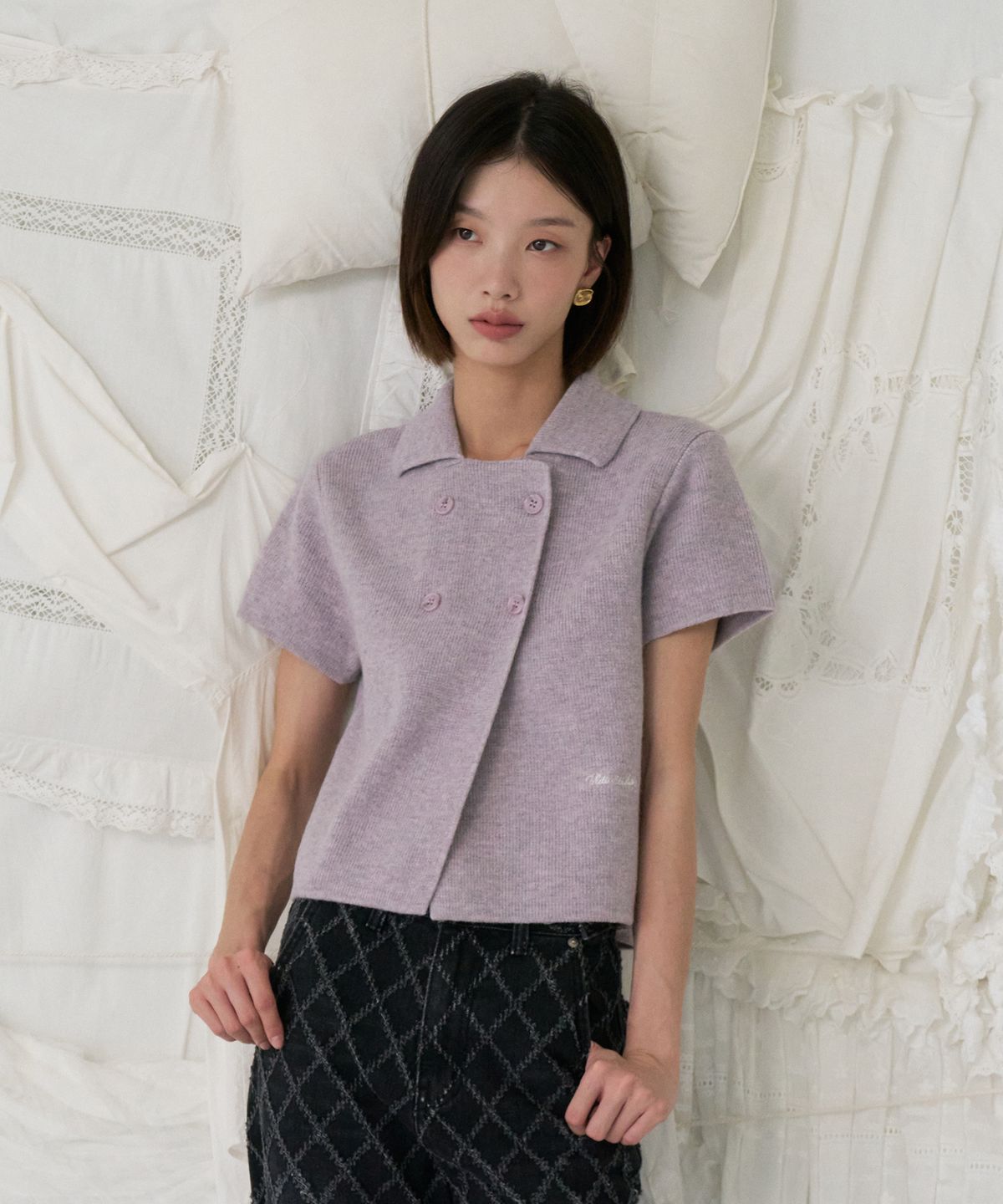 블레티(VLETI) Wool Embroidered Cropped Knit Jacket Cardigan (lavender)