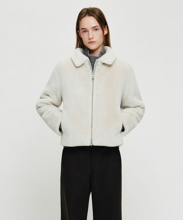 W COLLAR FAUX FUR JACKET ivory
