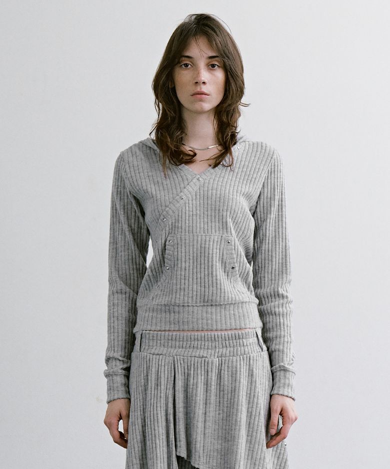 Hotfix Wrap Hoodie Set-up Top [ Melange Gray ]