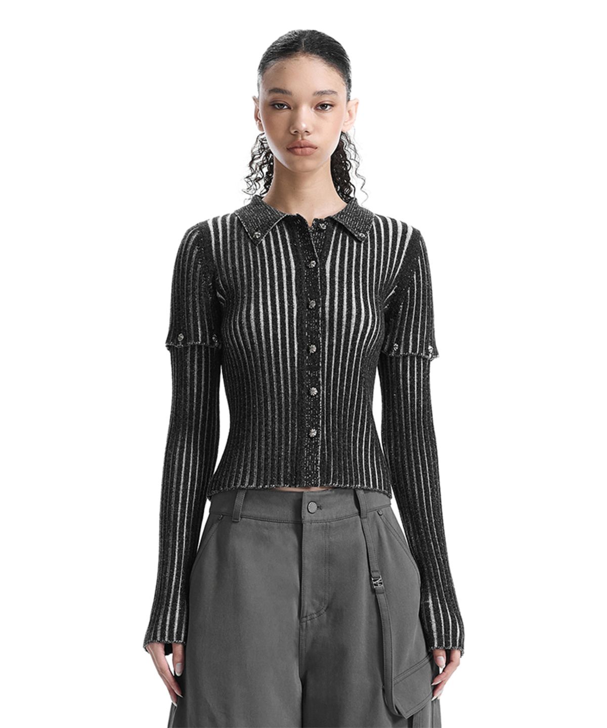 트리밍버드(TREEMINGBIRD) 2-way Sleeve Ribbed Cardigan [ Black ]
