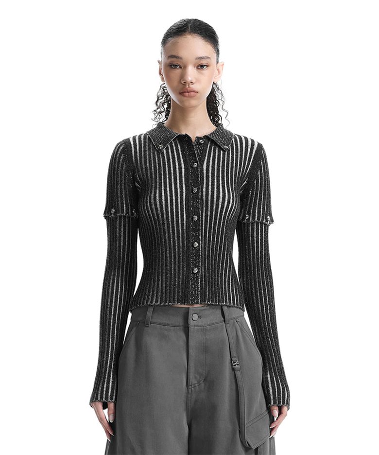 2-way Sleeve Ribbed Cardigan [ Black ]