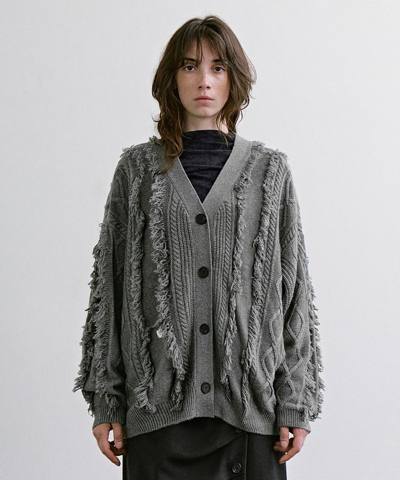 Fringe-Cut Cable Knit Cardigan [ Gray ]