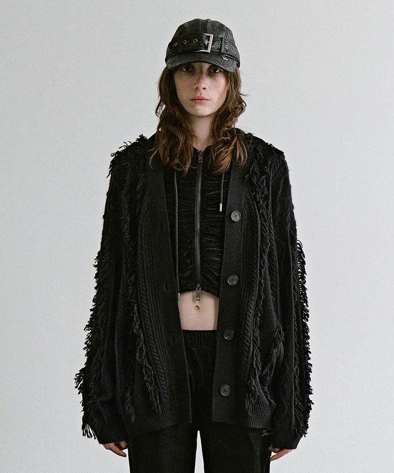 Fringe-Cut Cable Knit Cardigan [ Black ]