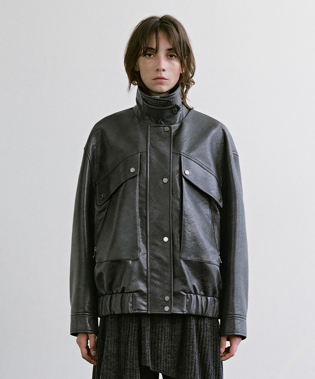 트리밍버드(TREEMINGBIRD) Diagonal Leather Blouson Jumper [ Gray ]
