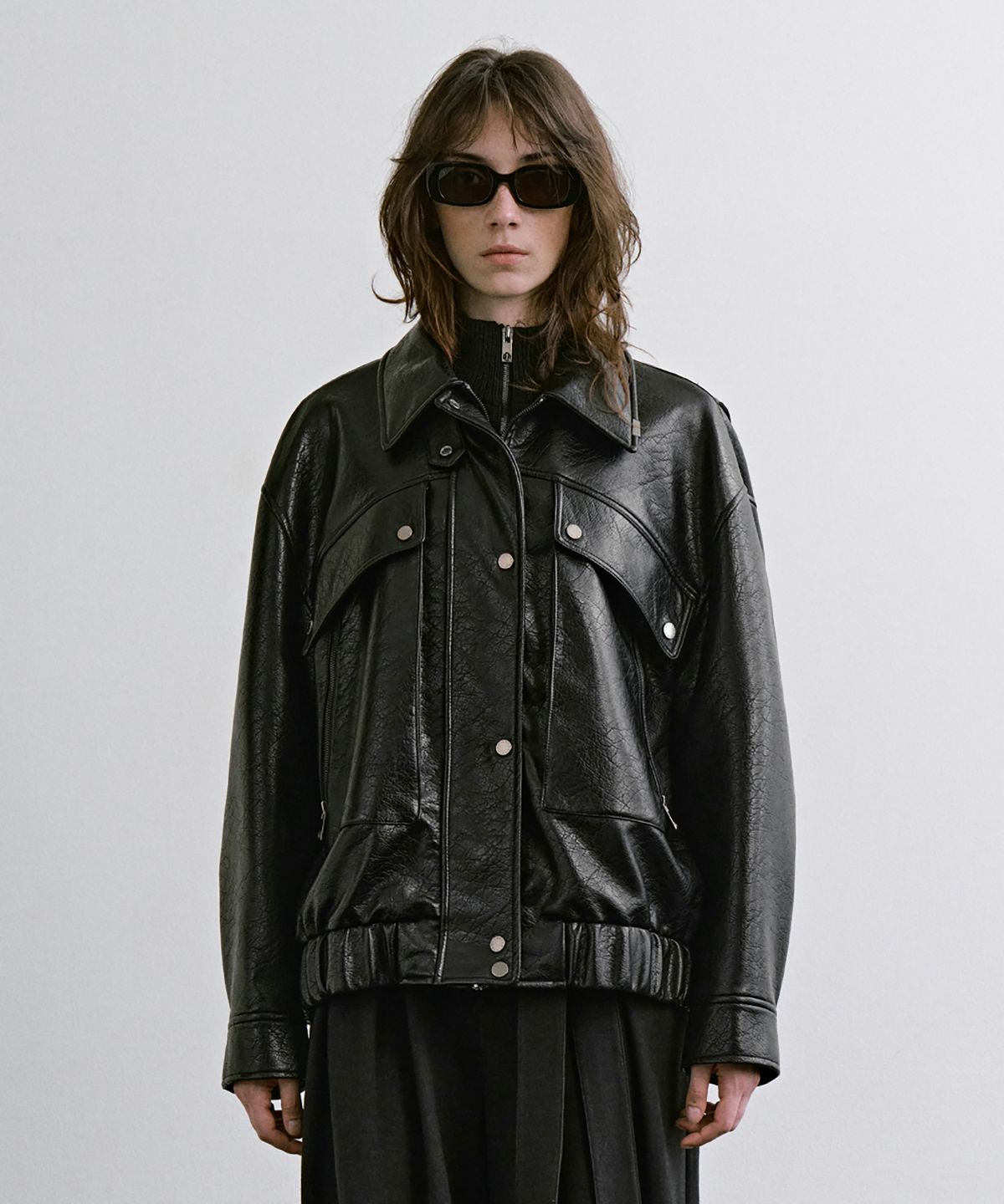 트리밍버드(TREEMINGBIRD) Diagonal Leather Blouson Jumper [ Black ]