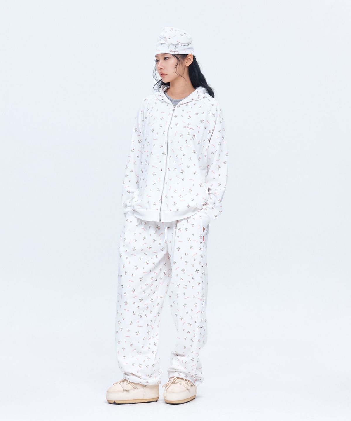 디오스피스(DAUSPICE) (DUC) Waffle Relaxed Zip-up Hoodie & Pants Flower Set-up