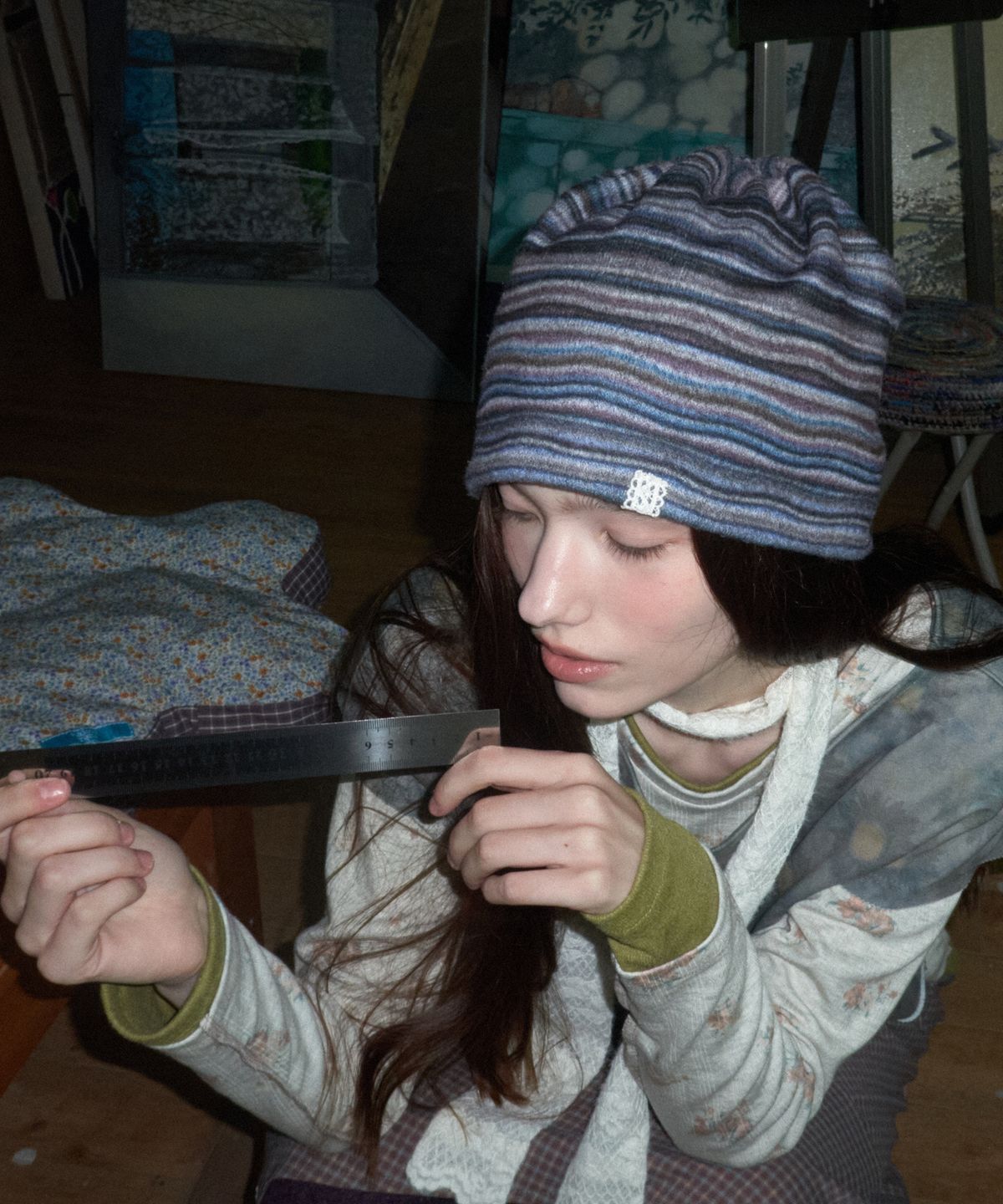 메종크렘(MAISON CREME) String loose beanie_Black stripe