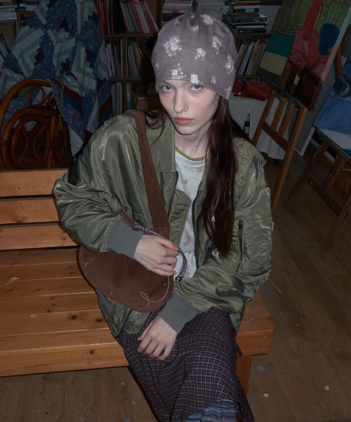 메종크렘(MAISON CREME) String loose beanie_Floral brown