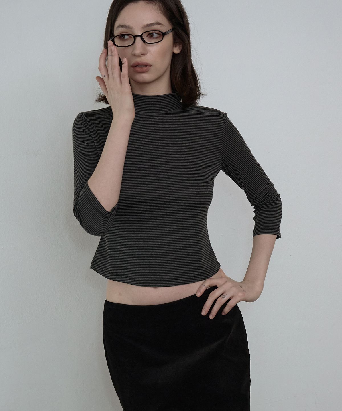 엘무드 우먼(LMOOD WOMEN) CAROLYN Mock Neck 3/4 T-Shirt Stripe
