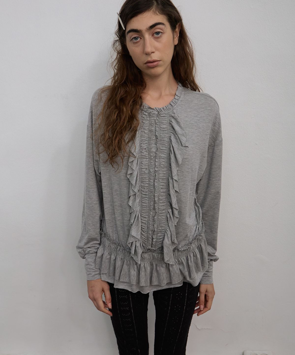 엘무드 우먼(LMOOD WOMEN) RUFFLE Jersey Tunic Top Grey