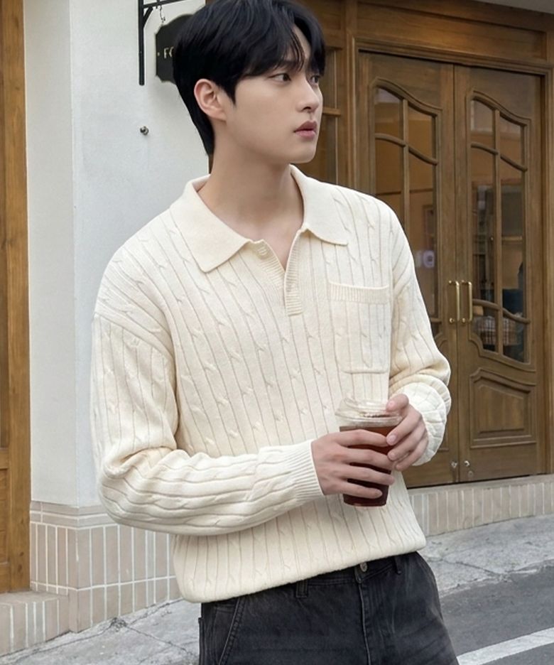 오픈카라 포켓 케이블 니트 CREAM