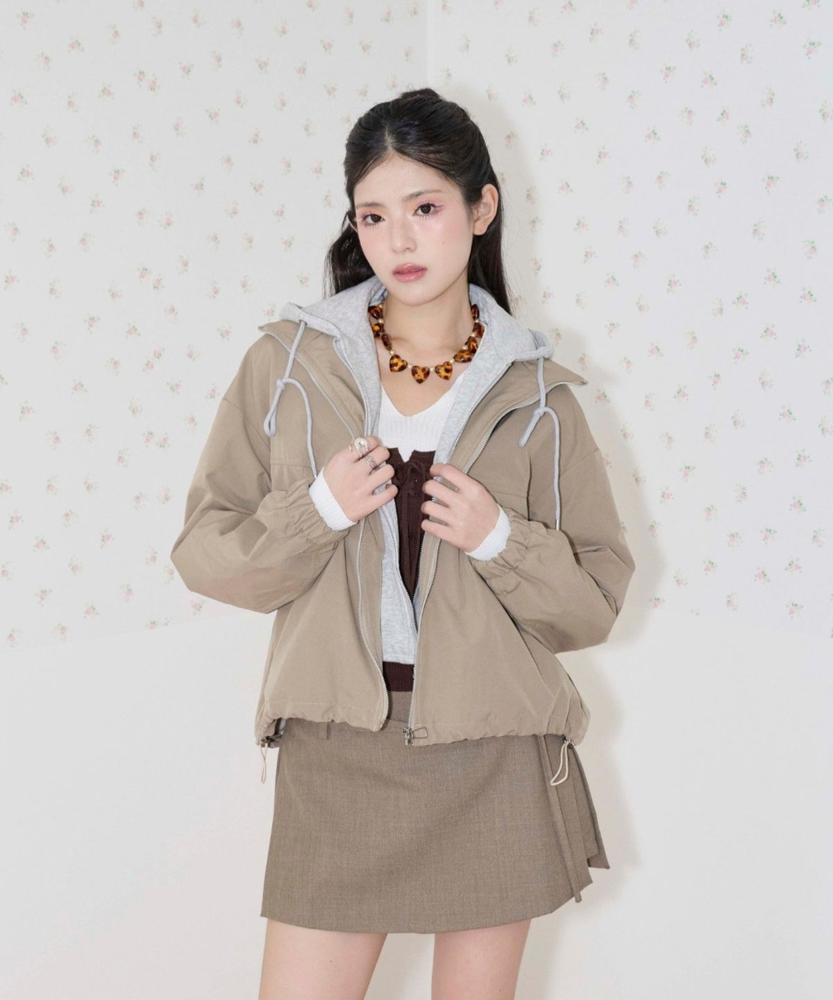 쿨키튼(KOOLKITTEN) Hooded Contrast Zip-Up Jumper (BEIGE)