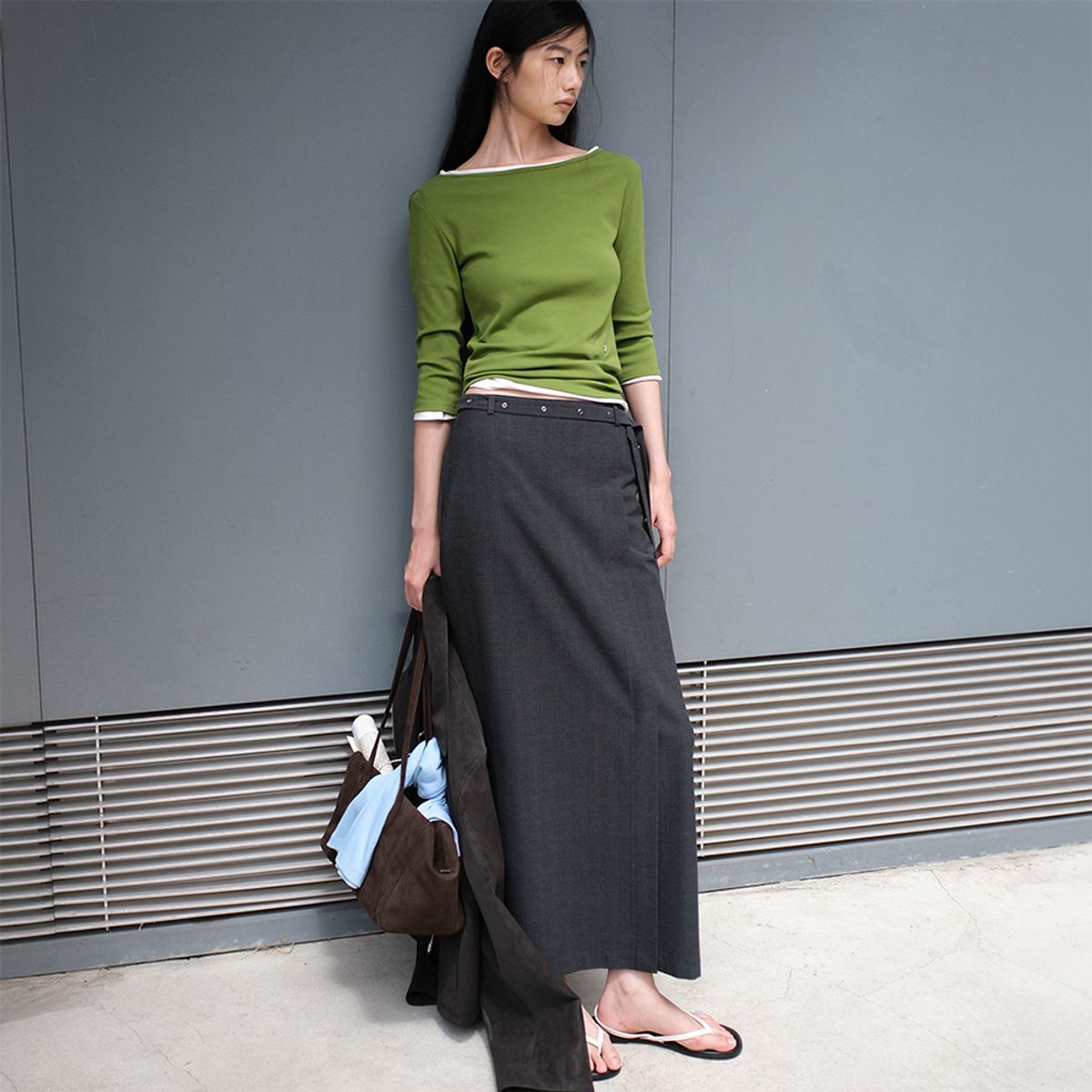 아틀리에 나인(ATELIER NAIN) (SK-5125)EYELET BELTED STRIPE LOW RISE MAXI SKIRT S