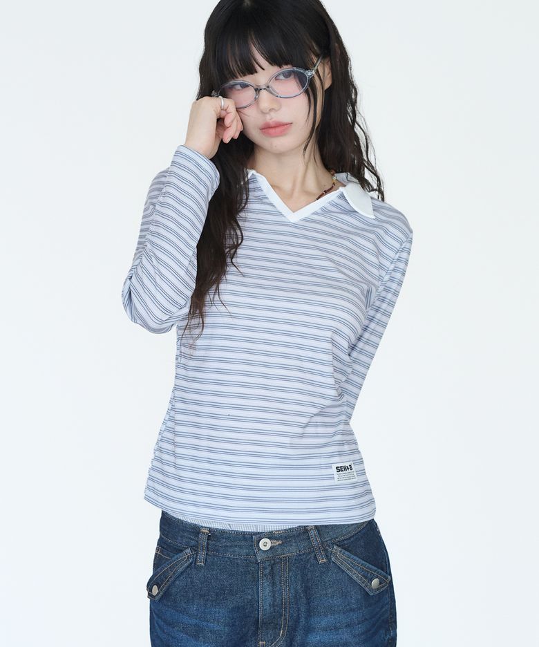리브 스트라이프 카라 긴팔티 (세미크롭) 그레이