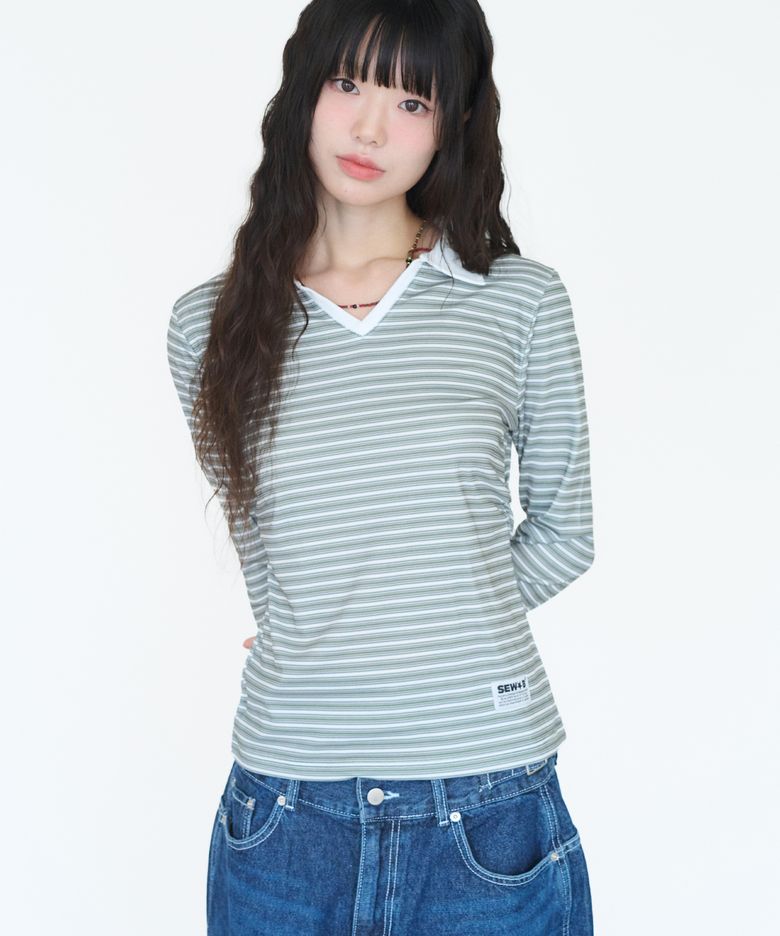리브 스트라이프 카라 긴팔티 (세미크롭) 그린