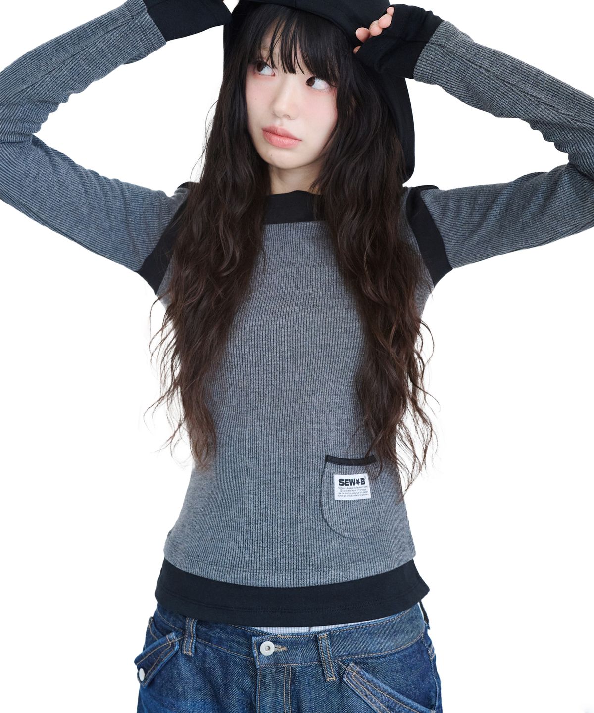쏘비(SEW-B) 믹스 포켓 후드티 (세미크롭) 차콜