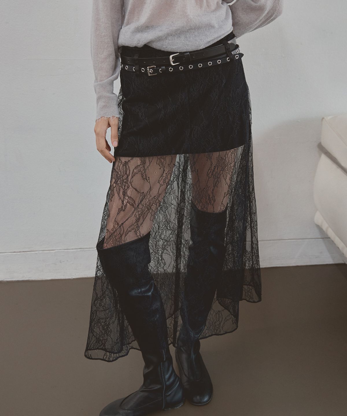 시그레이트(SIGREAT) LACE SHEER LAYERED SKIRT_BLACK