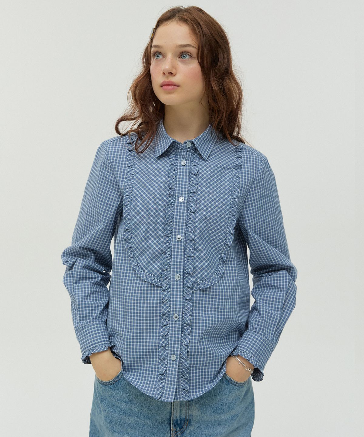 뉴루키(NEW LOOKY) Ruffled Checkered Shirt _Light blue