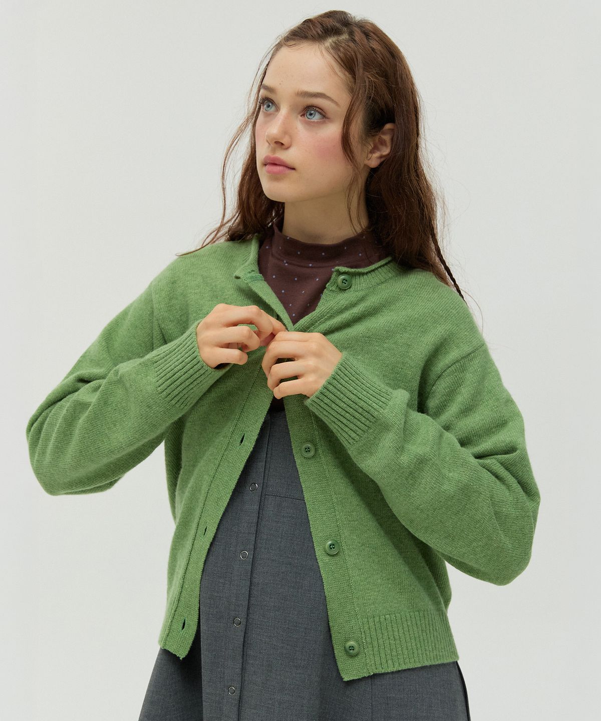뉴루키(NEW LOOKY) Round neck merino wool cardigan_Green