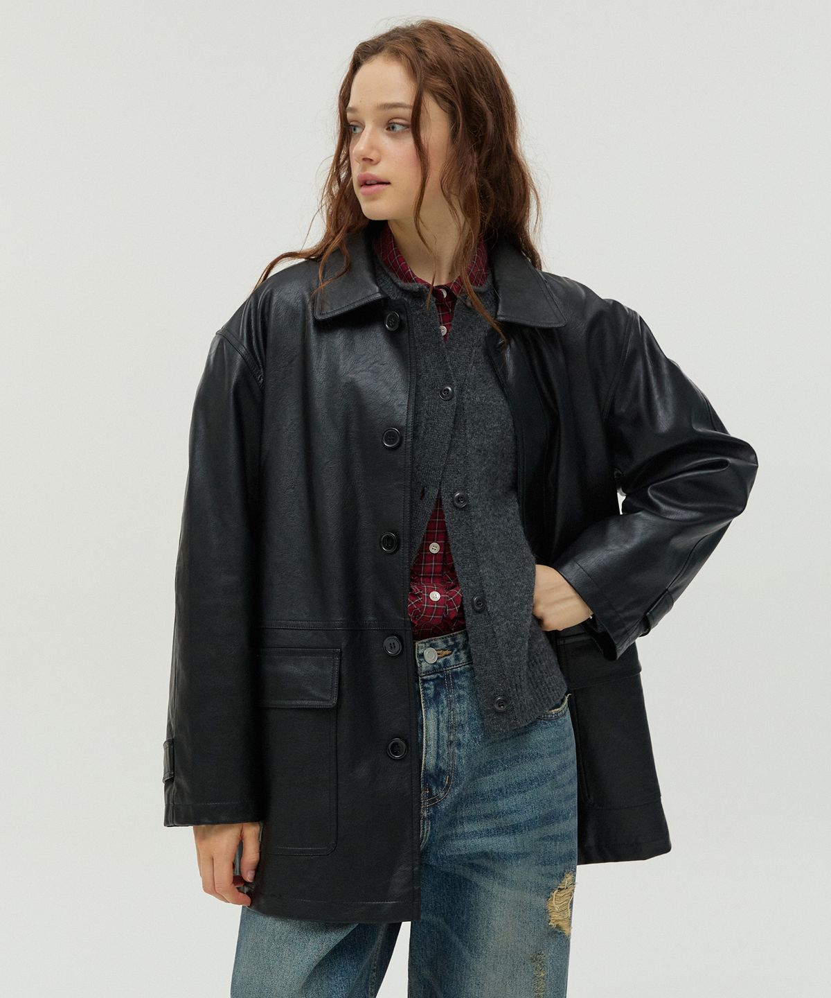 뉴루키(NEW LOOKY) Leather Mac Coat_Black