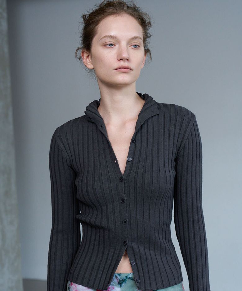 Half-Neck Ribbed Cardigan (Dark Gray)