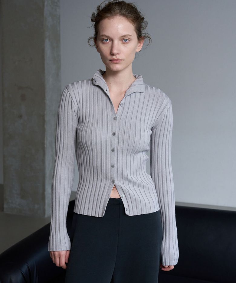 Half-Neck Ribbed Cardigan (Gray)