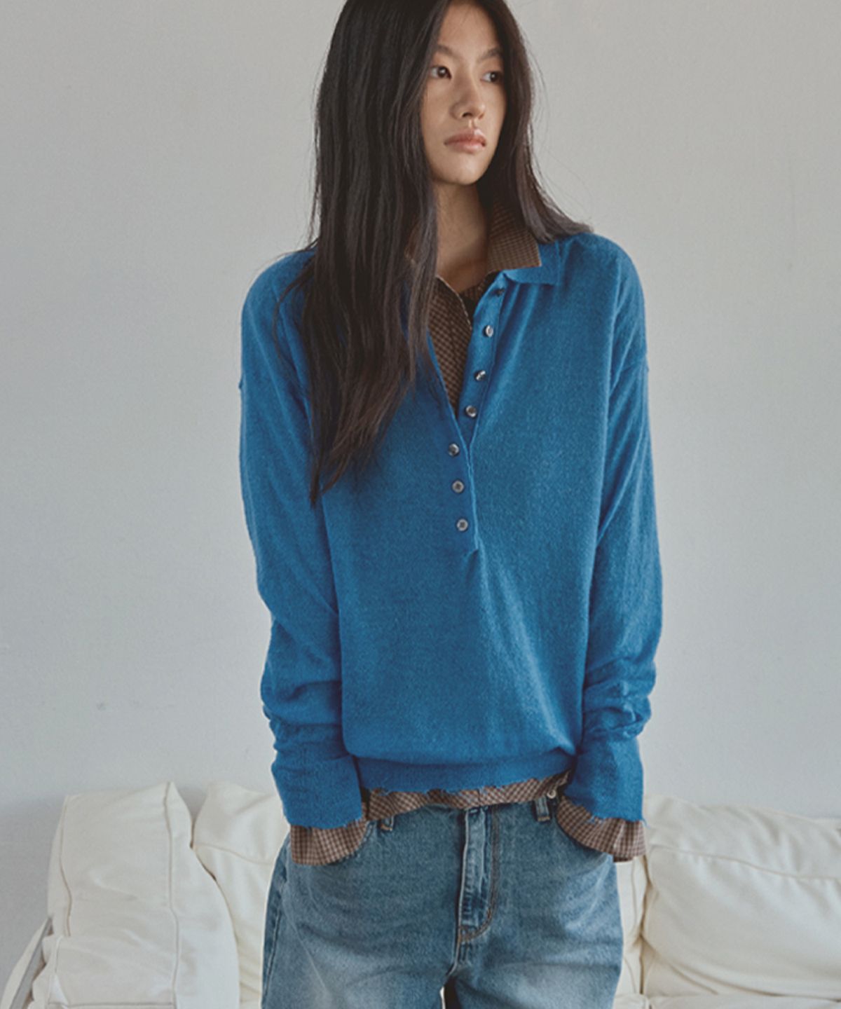 시그레이트(SIGREAT) ALPACA SHEER COLLAR KNIT_BLUE