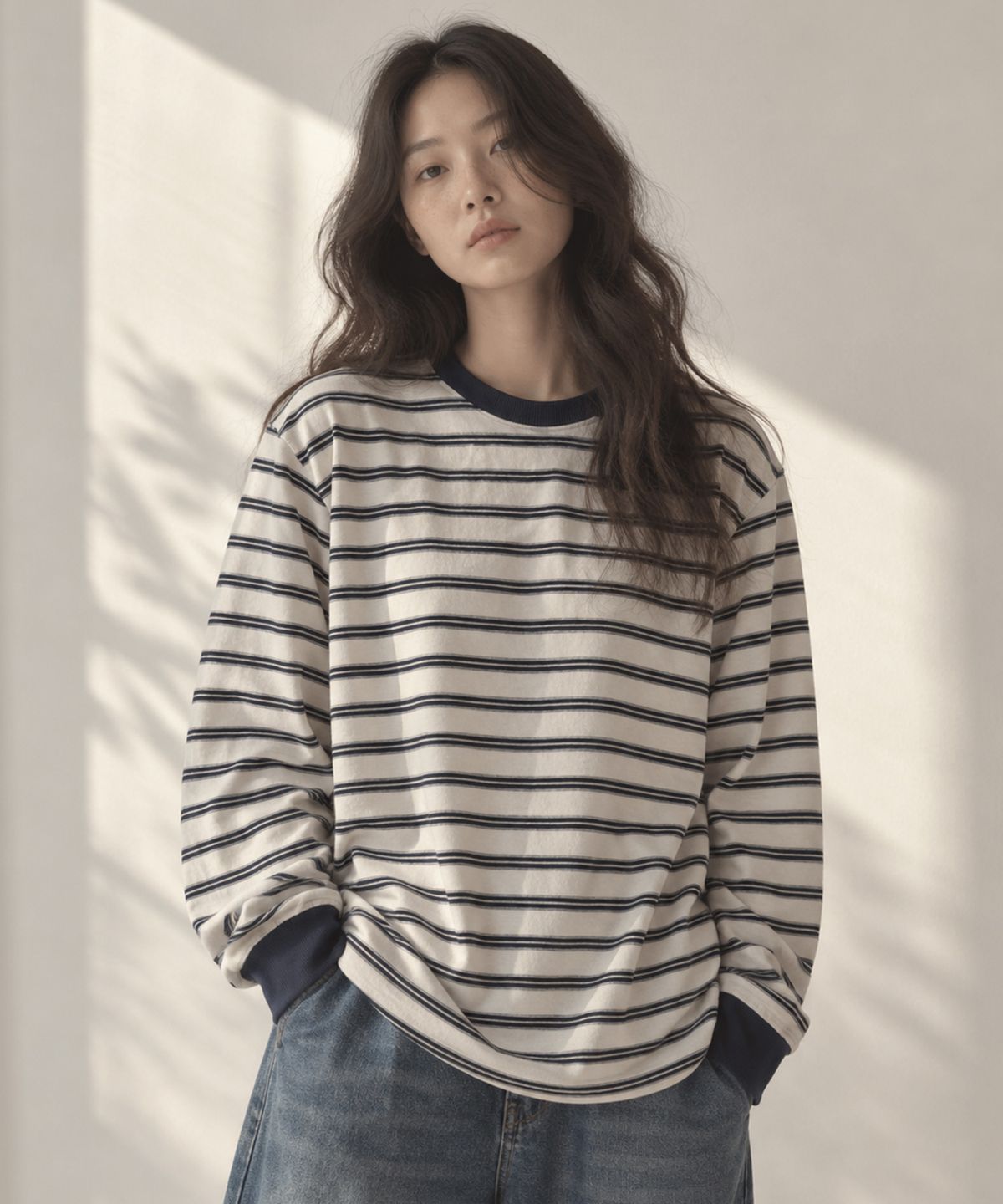 사유(SAYUU) 스트라이프 비스킷 긴팔 티 아이보리
