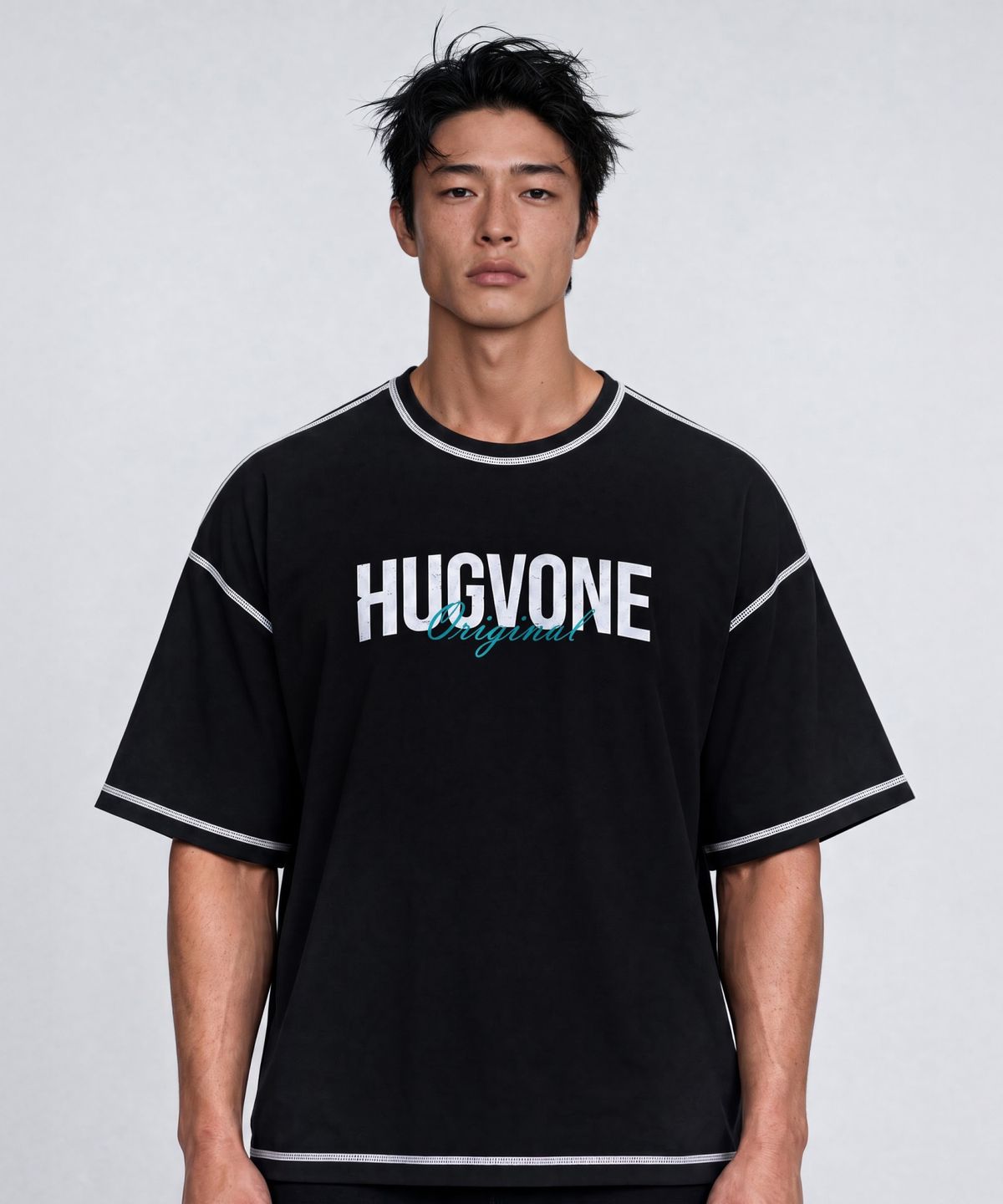 허그본(HUGVONE) 쉐도우 메쉬 스테이트먼트 오버핏 숏슬리브 2컬러
