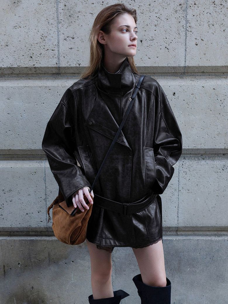 Faux Leather Layered Placket Belted High-neck Jacket SL6AM803-94