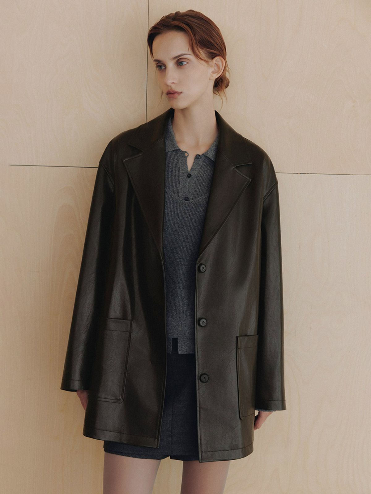 루에브르(LOEUVRE) Faux Leather Single-Breasted Car Coat SL6AJ869-94