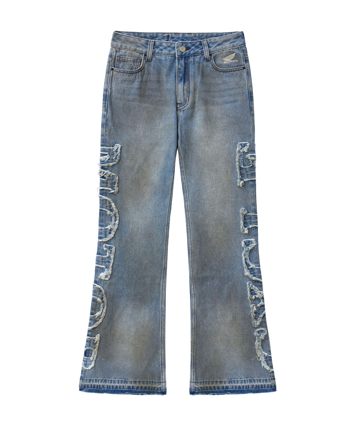 핍스 모터사이클(PHYPS MOTORCYCLE) Women Grunge Dirty Washed Bootcut Denim Pants Blue