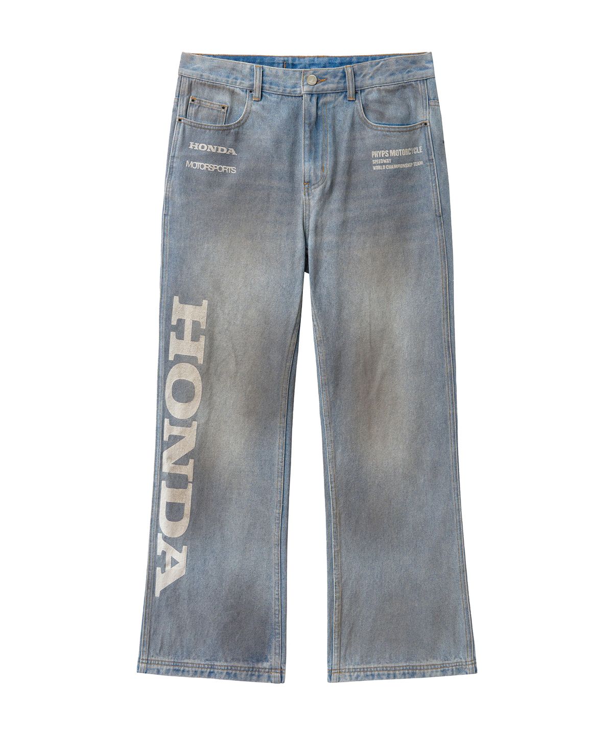 핍스 모터사이클(PHYPS MOTORCYCLE) Dirty Wash Semi Flare Denim Pants Light Blue