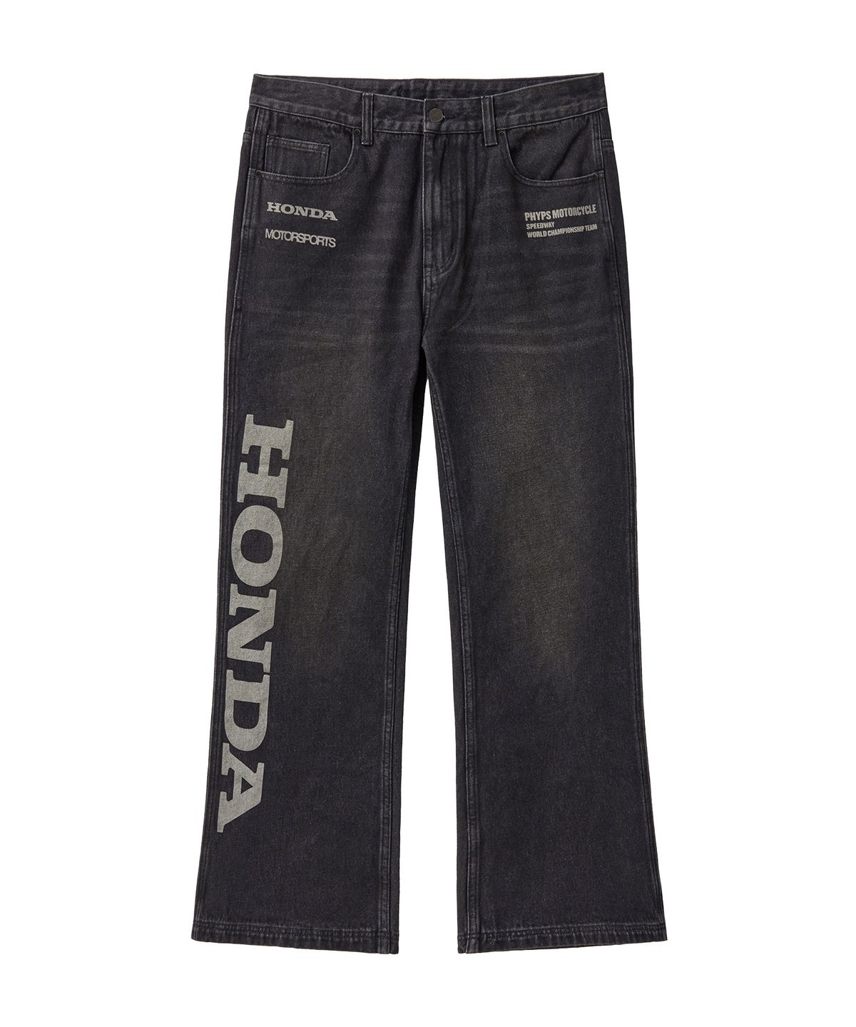 핍스 모터사이클(PHYPS MOTORCYCLE) Dirty Wash Semi Flare Denim Pants Black