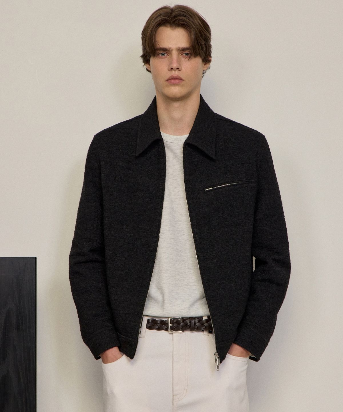 질스튜어트뉴욕 맨(JILLSTUART NEWYORK MEN) [CANGIOLI] 울 트위드 점퍼 - 블랙 (JNJU6C106BK)