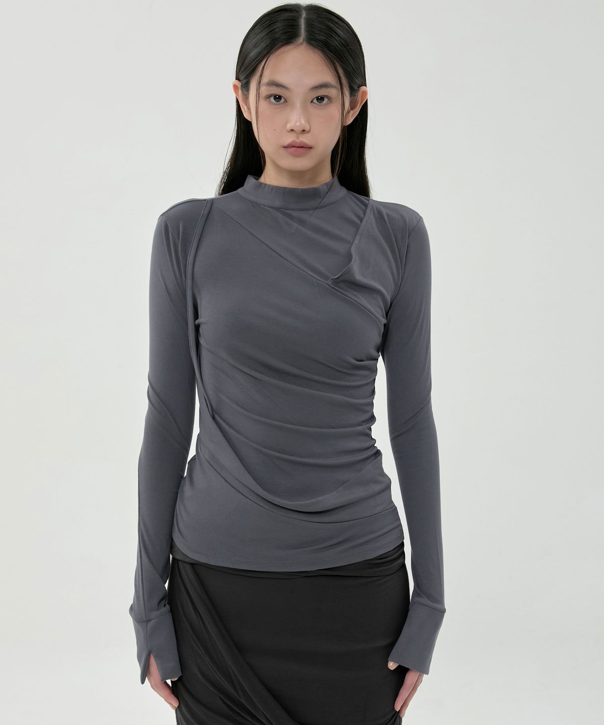 플레어업(FLAREUP) Draped Mock Neck Long Sleeve (FL-182_Charcoal)