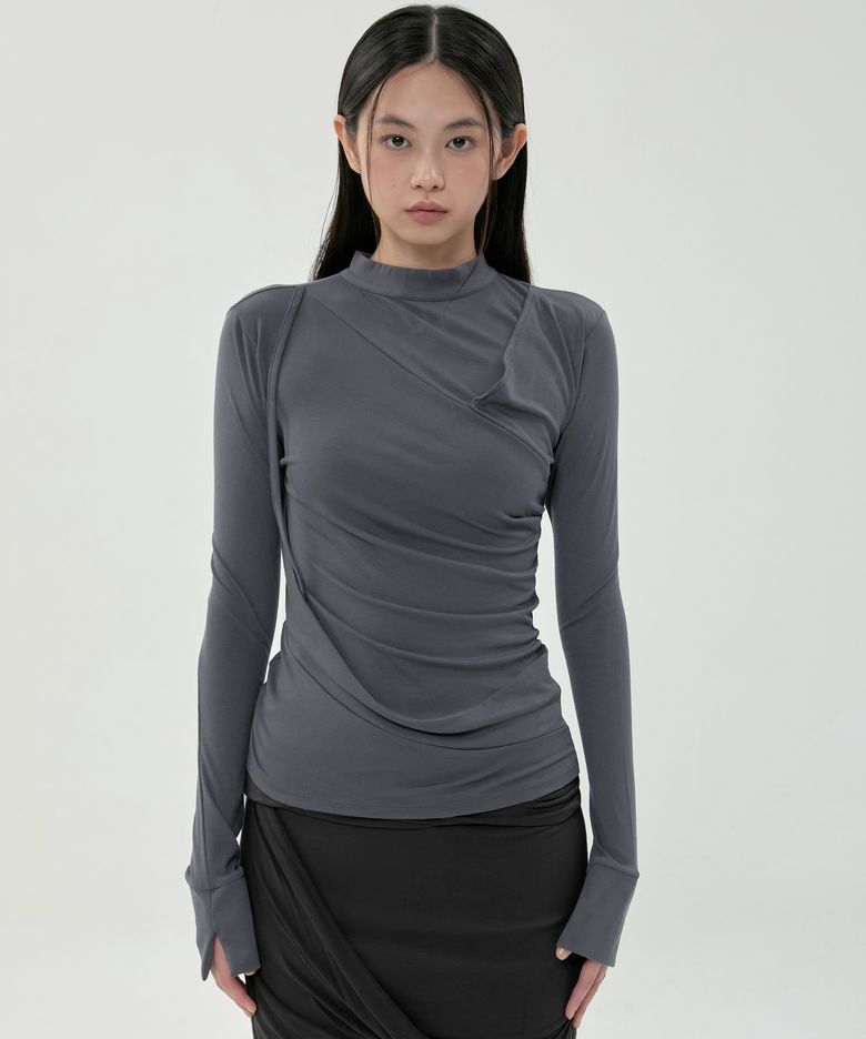 Draped Mock Neck Long Sleeve (FL-182_Charcoal)