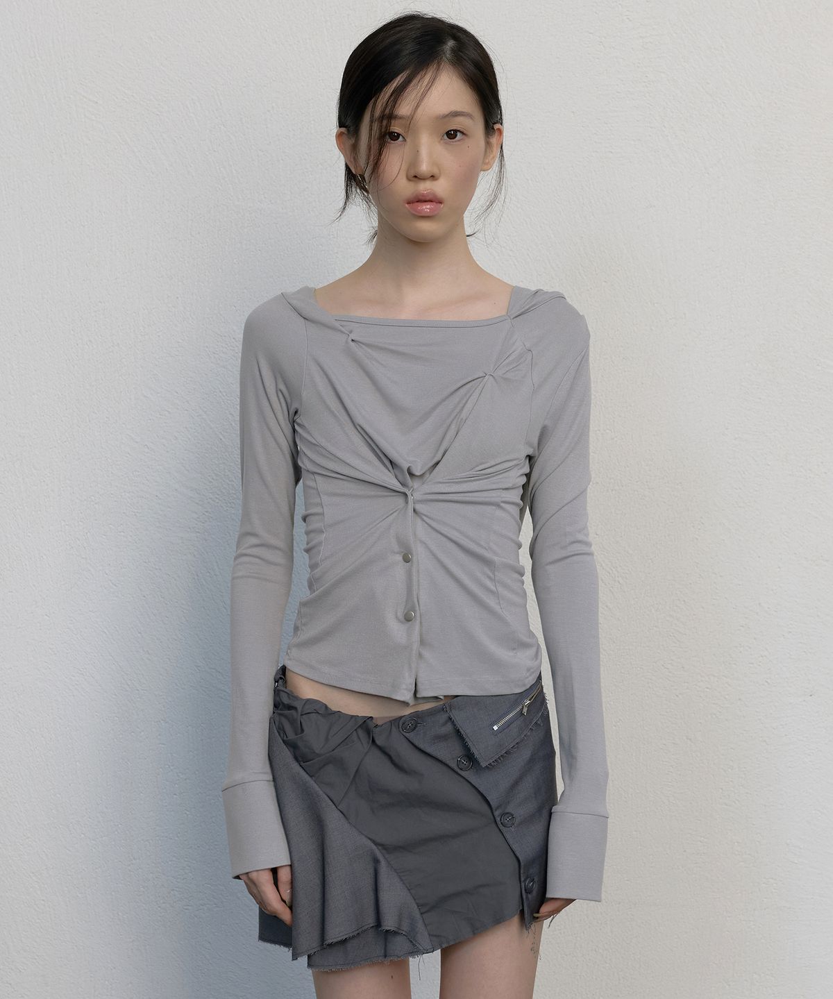 플레어업(FLAREUP) Asymmetrical Snap Long Sleeve Hoodie (FL-183_Gray)