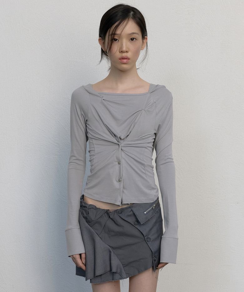 Asymmetrical Snap Long Sleeve Hoodie (FL-183_Gray)