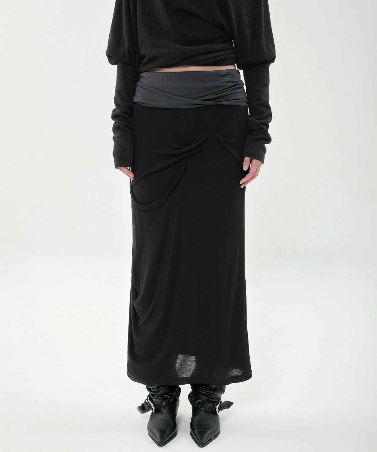 플레어업(FLAREUP) Asymmetrical Draped Long Skirt (FL-263_Black&Charcoal)