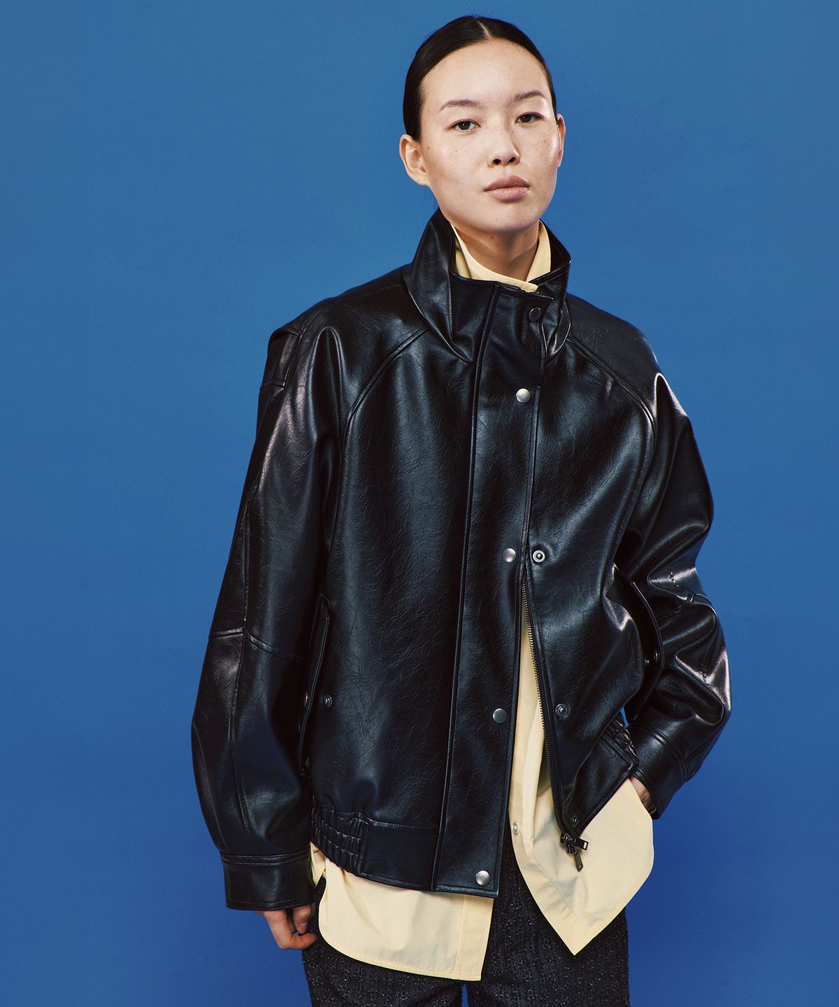 플랙 우먼(PLAC WOMEN) 퍼넬 넥 레더 자켓 블랙