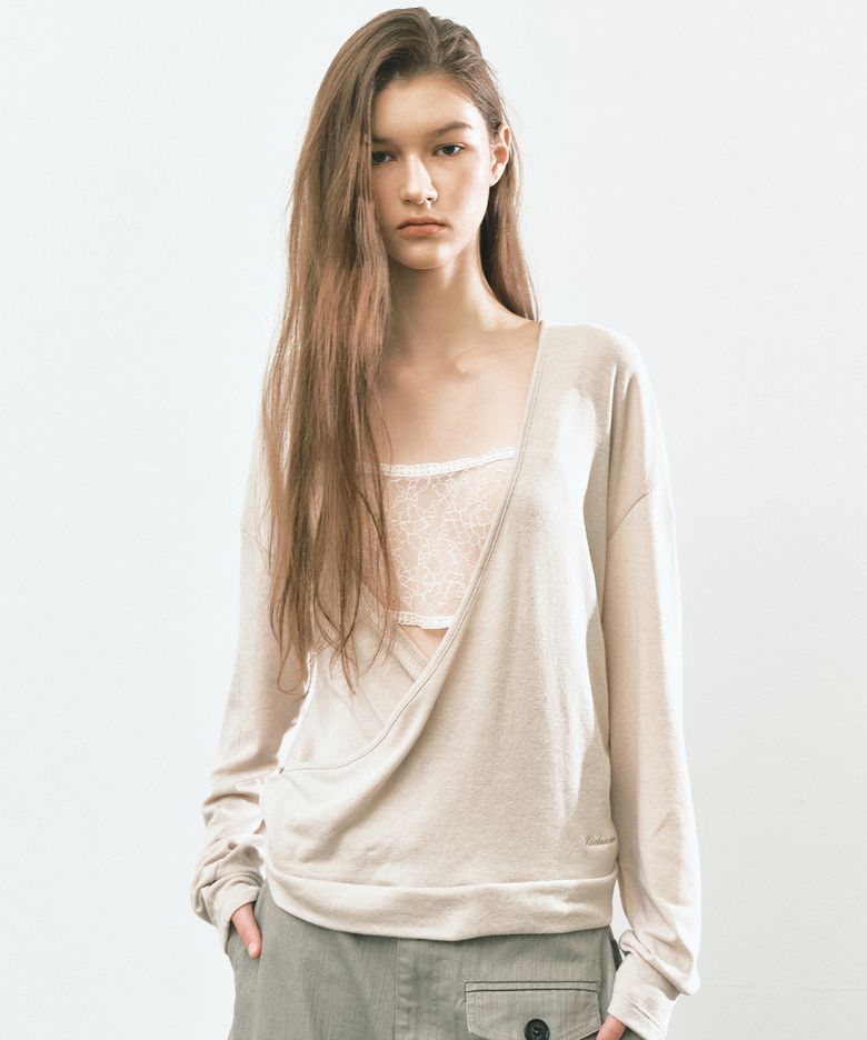 DEEP WRAP V-NECK LONG SLEEVE TOP_BEIGE