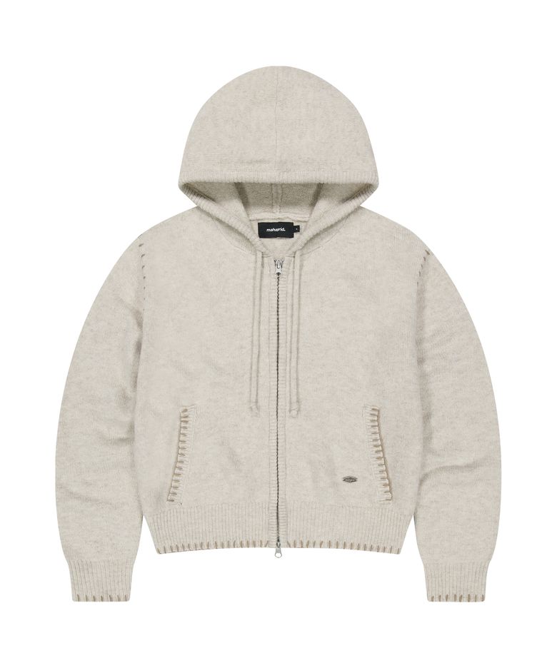 STITCH CROP HOODED ZIP UP KNIT[OATMEAL]