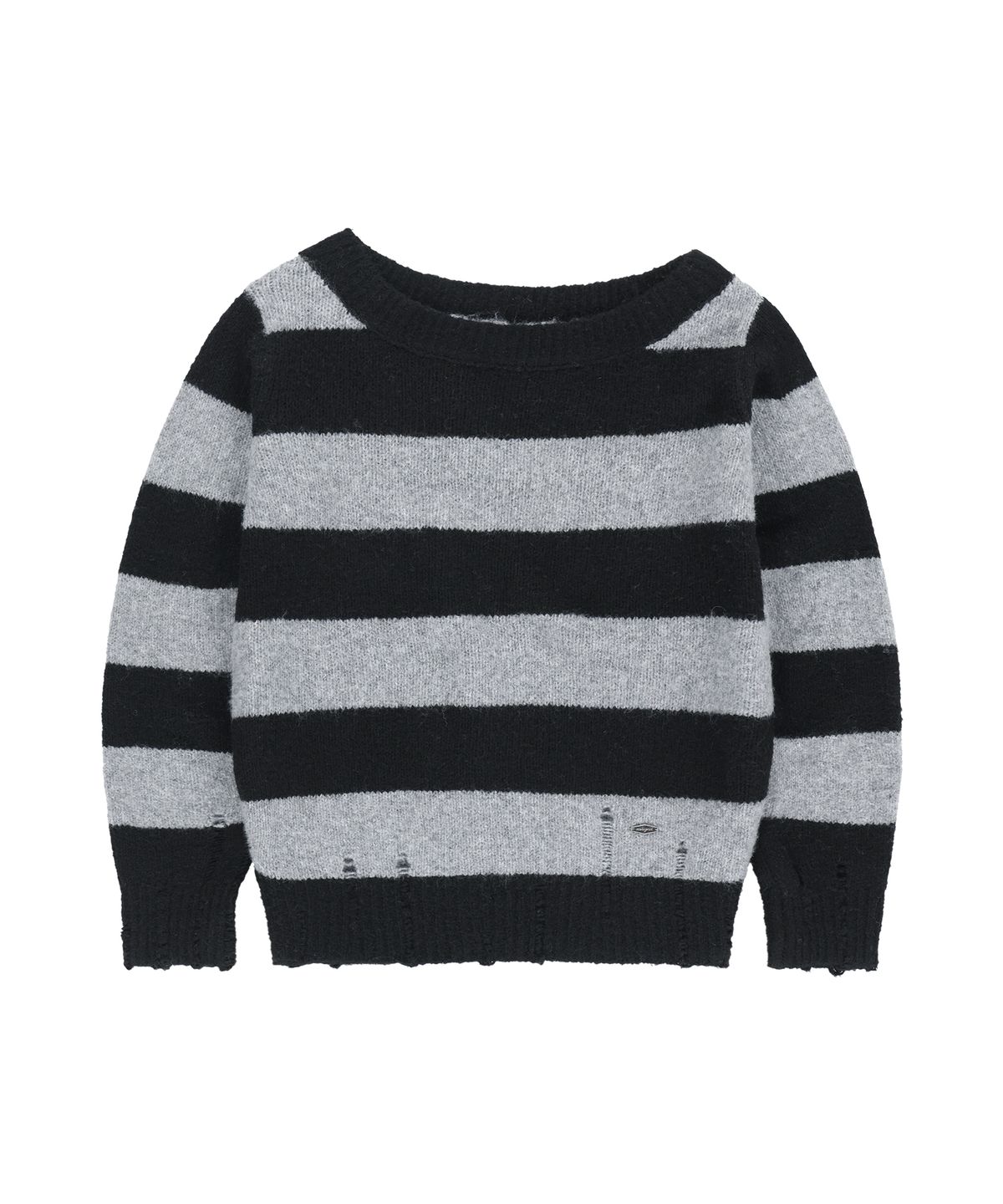 마하그리드(MAHAGRID) DAMAGED OFF SHOULDER STRIPE KNIT[BLACK]