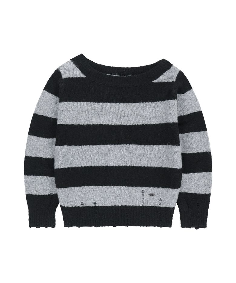 DAMAGED OFF SHOULDER STRIPE KNIT[BLACK]