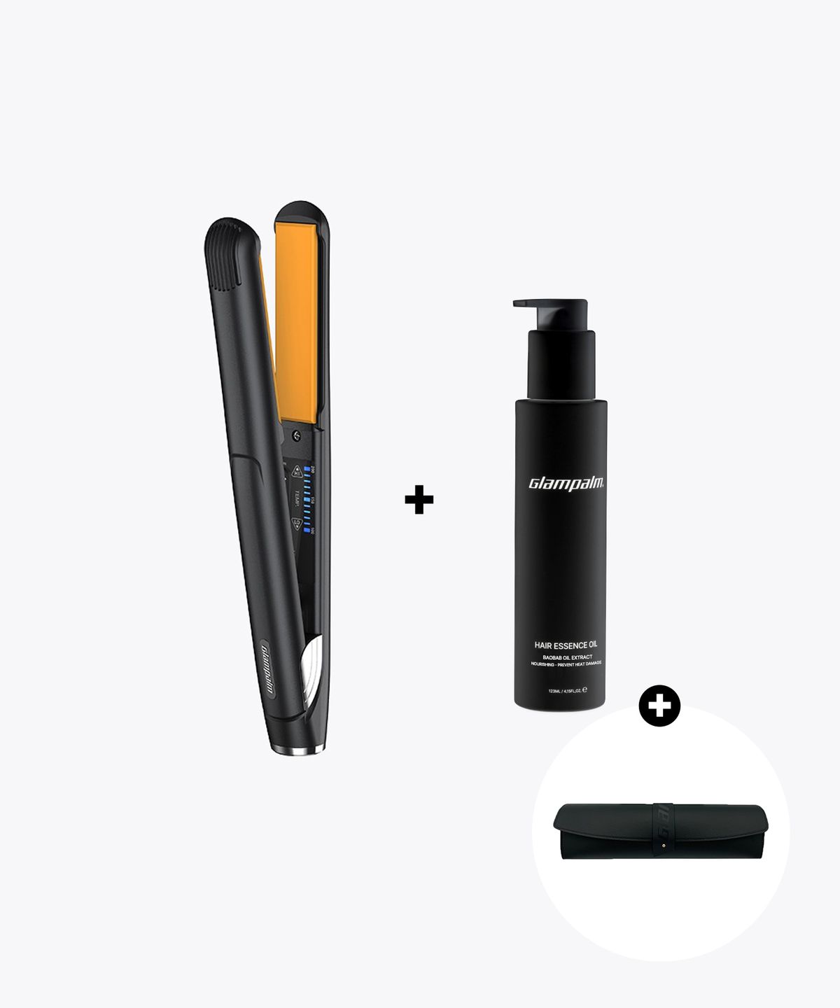 글램팜(GLAMPALM) GP225 클리닉 고데기 + 블랙 헤어오일 123ml + 스냅파우치 세트