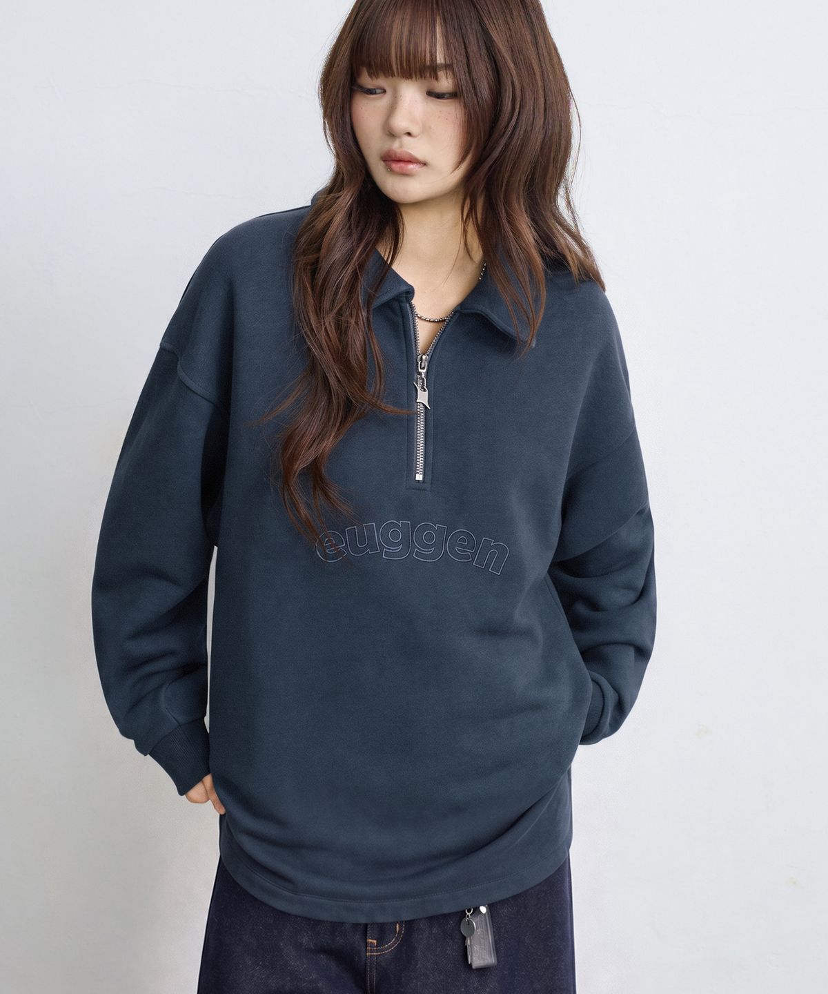 유젠(EUGGEN) 릴렉스드 하프 집업 맨투맨 티셔츠_블루