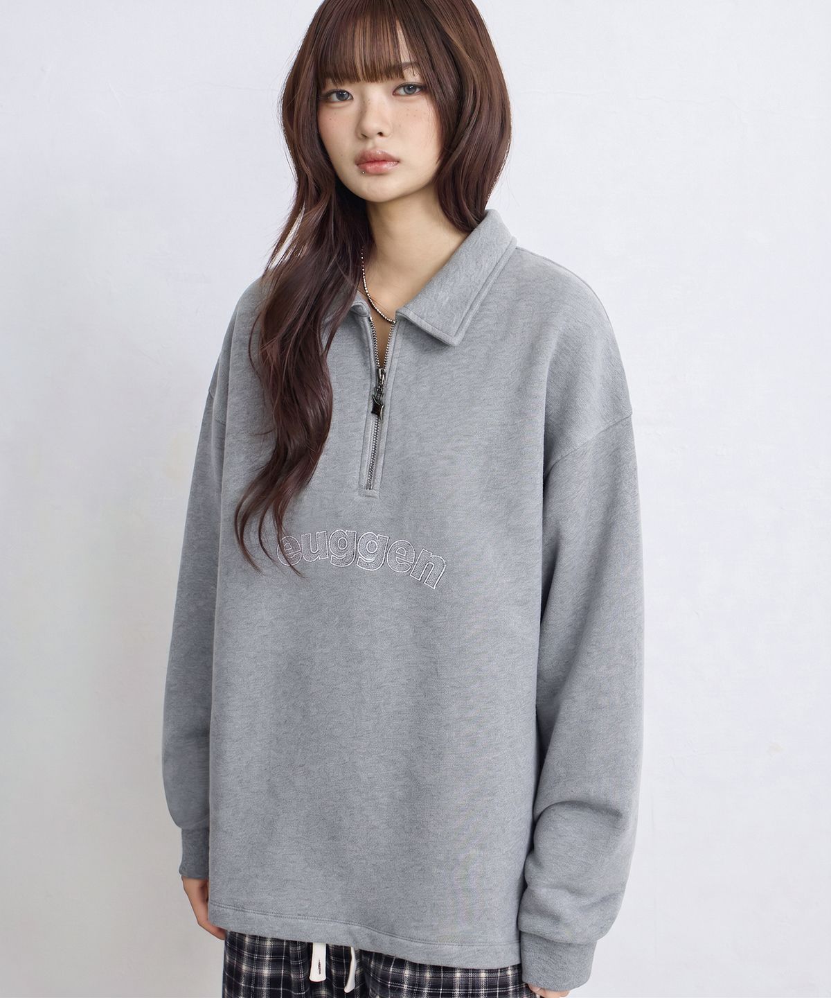 유젠(EUGGEN) 릴렉스드 하프 집업 맨투맨 티셔츠_멜란지