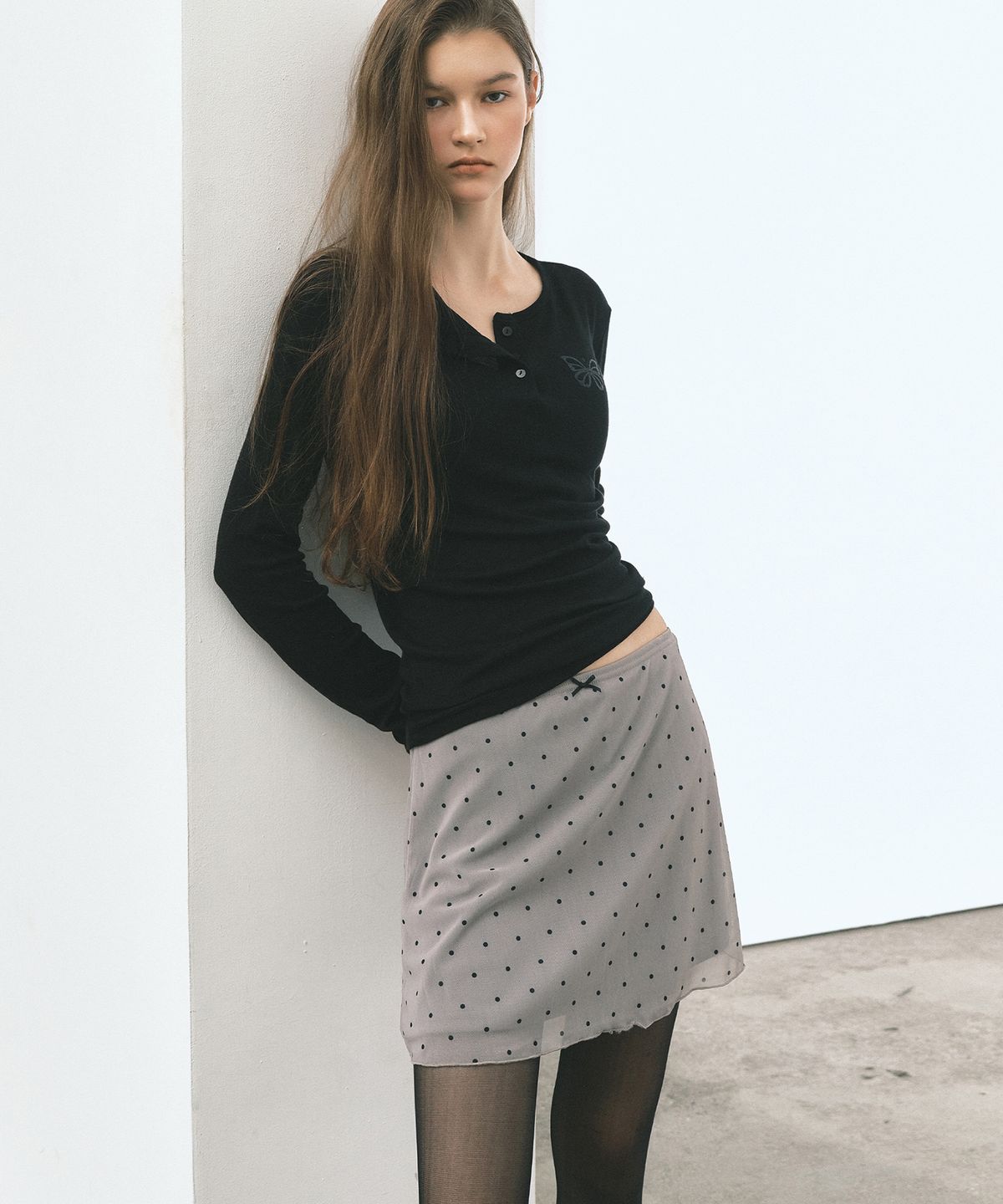 닉앤니콜(NICK&NICOLE) DOT MESH MINI SKIRT_GRAY